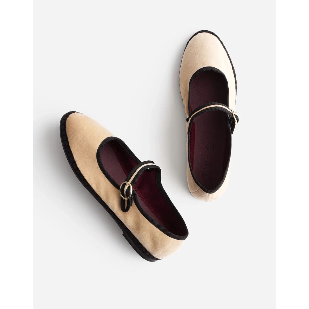 Beige Mary Jane Flats with Black Trim